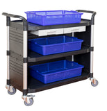 JBL-3KC3, LARGEST 3 Shelf Hospital cart with cabinet & drawers, Black - JaboeEuip 3 tiers Shelving Office Rolling Utility cart Service cart Rolling cart